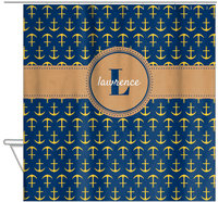 Thumbnail for Personalized Anchors Shower Curtain - Navy and Gold - Circle Ribbon Nameplate - Hanging View