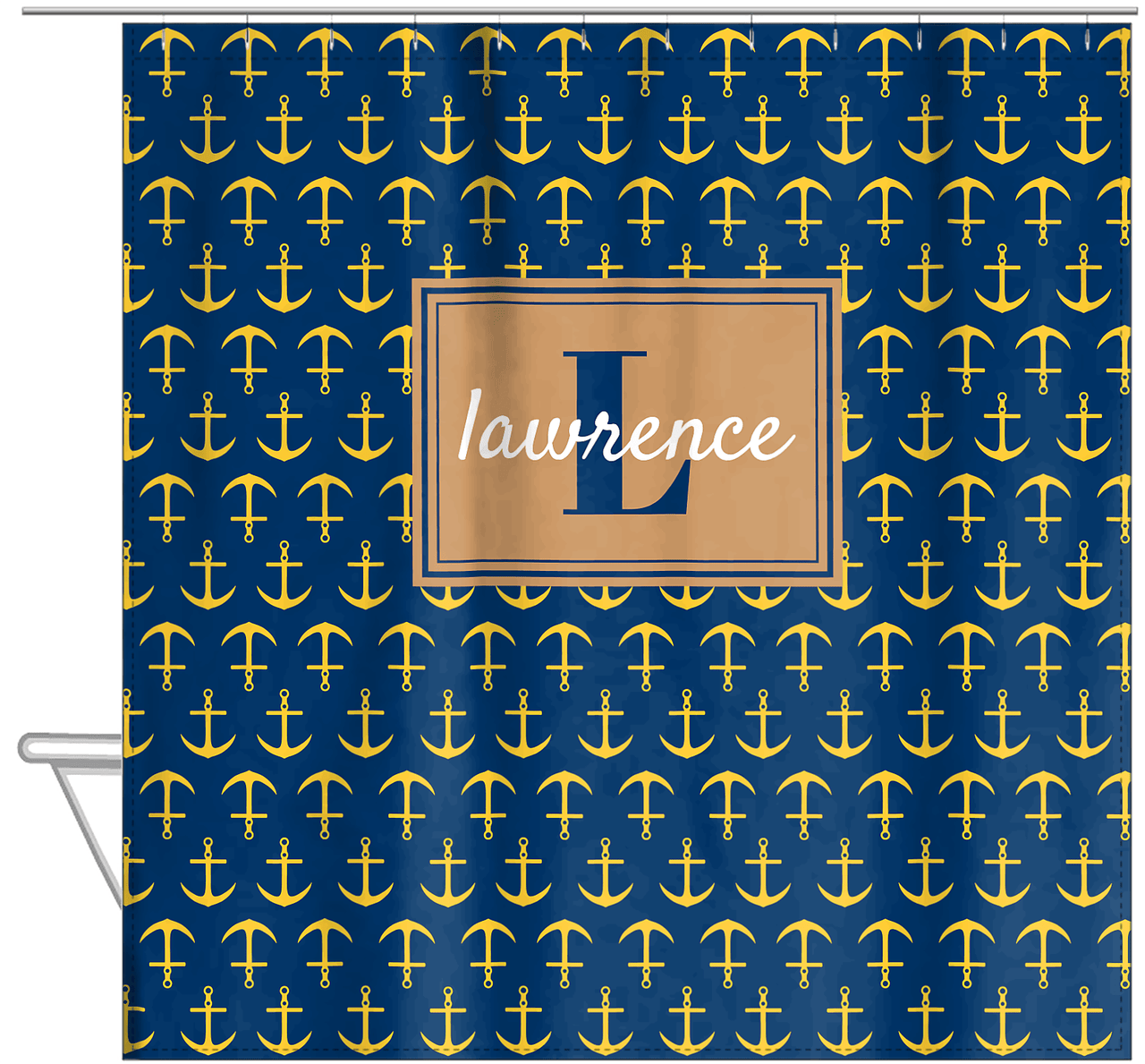 Personalized Anchors Shower Curtain - Navy and Gold - Rectangle Nameplate - Hanging View