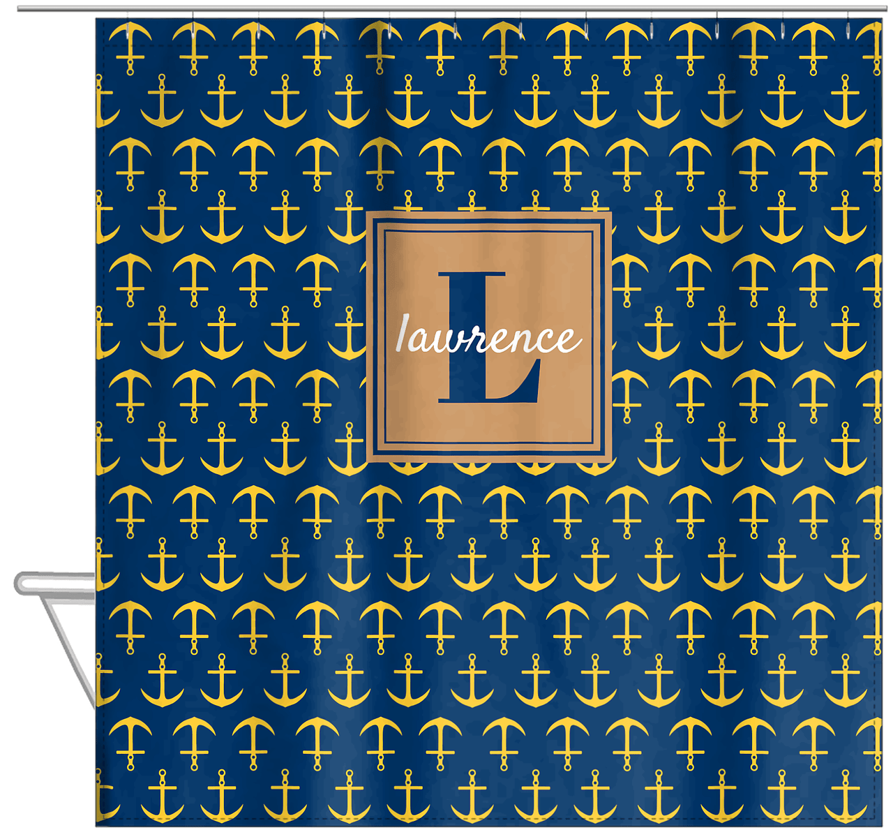 Personalized Anchors Shower Curtain - Navy and Gold - Square Nameplate - Hanging View