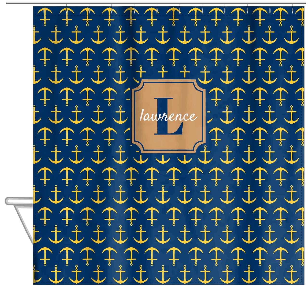 Personalized Anchors Shower Curtain - Navy and Gold - Stamp Nameplate - Hanging View