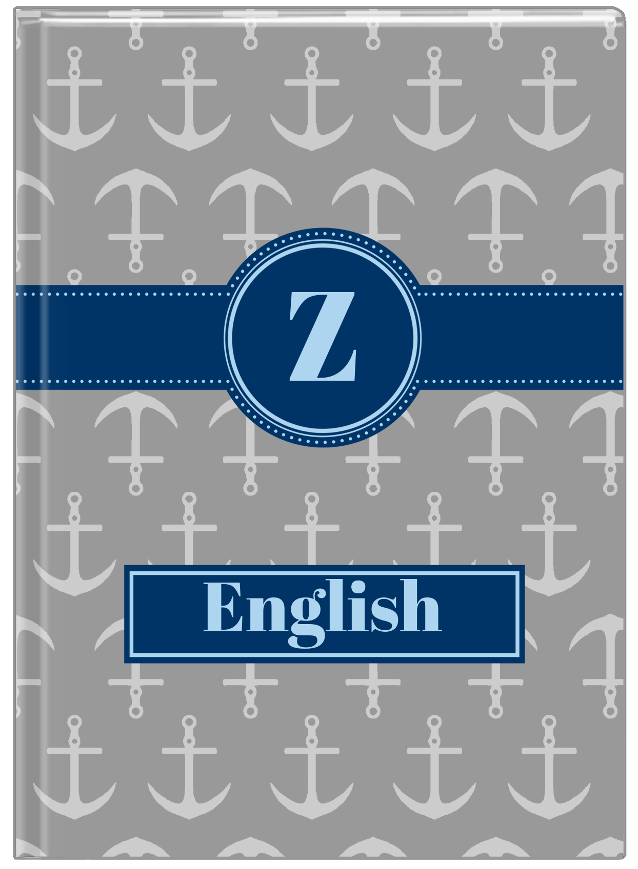 Personalized Anchors Journal - Grey and Navy - Circle Ribbon Nameplate - Front View