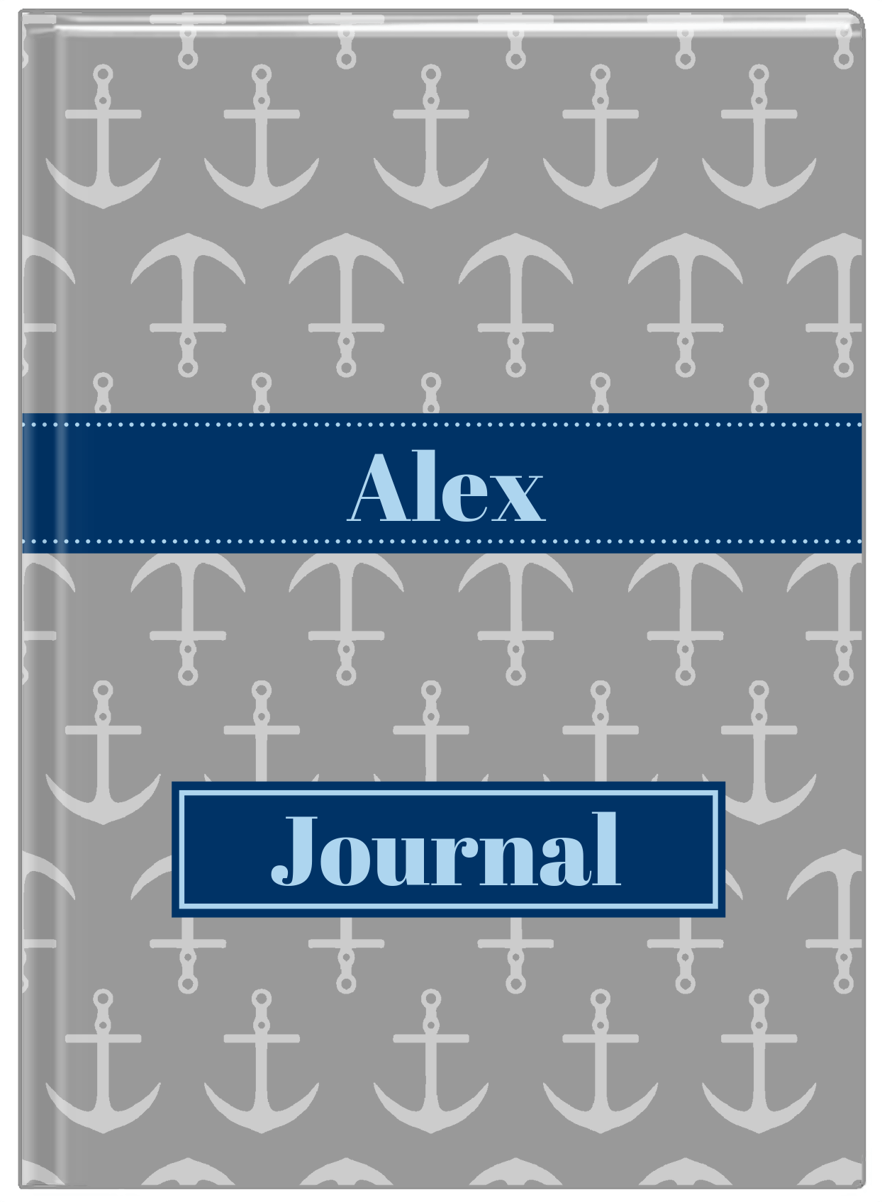 Personalized Anchors Journal - Grey and Navy - Ribbon Nameplate - Front View