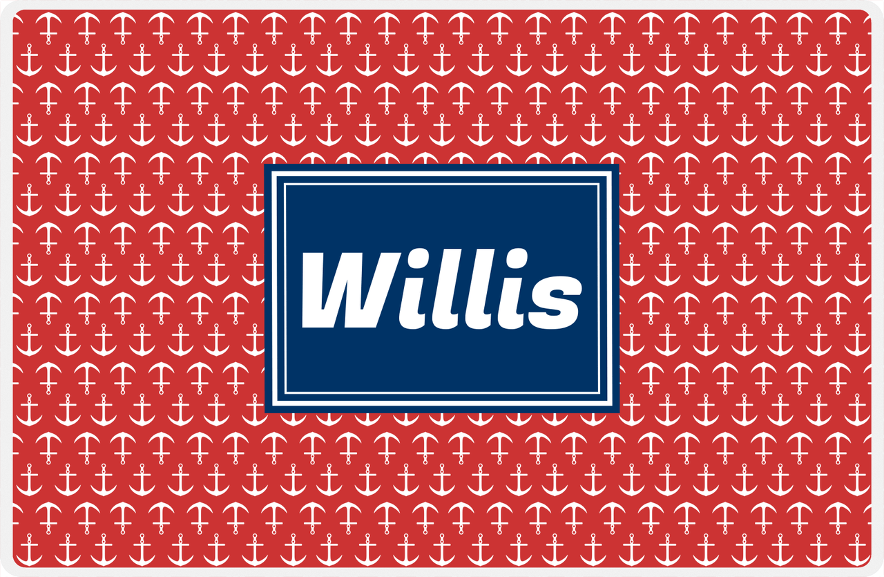 Personalized Anchors Placemat - Cherry Red and White - Navy Rectangle Frame -  View