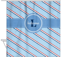Thumbnail for Personalized Angled Stripes Shower Curtain - Blue and Red - Circle Ribbon Nameplate - Hanging View