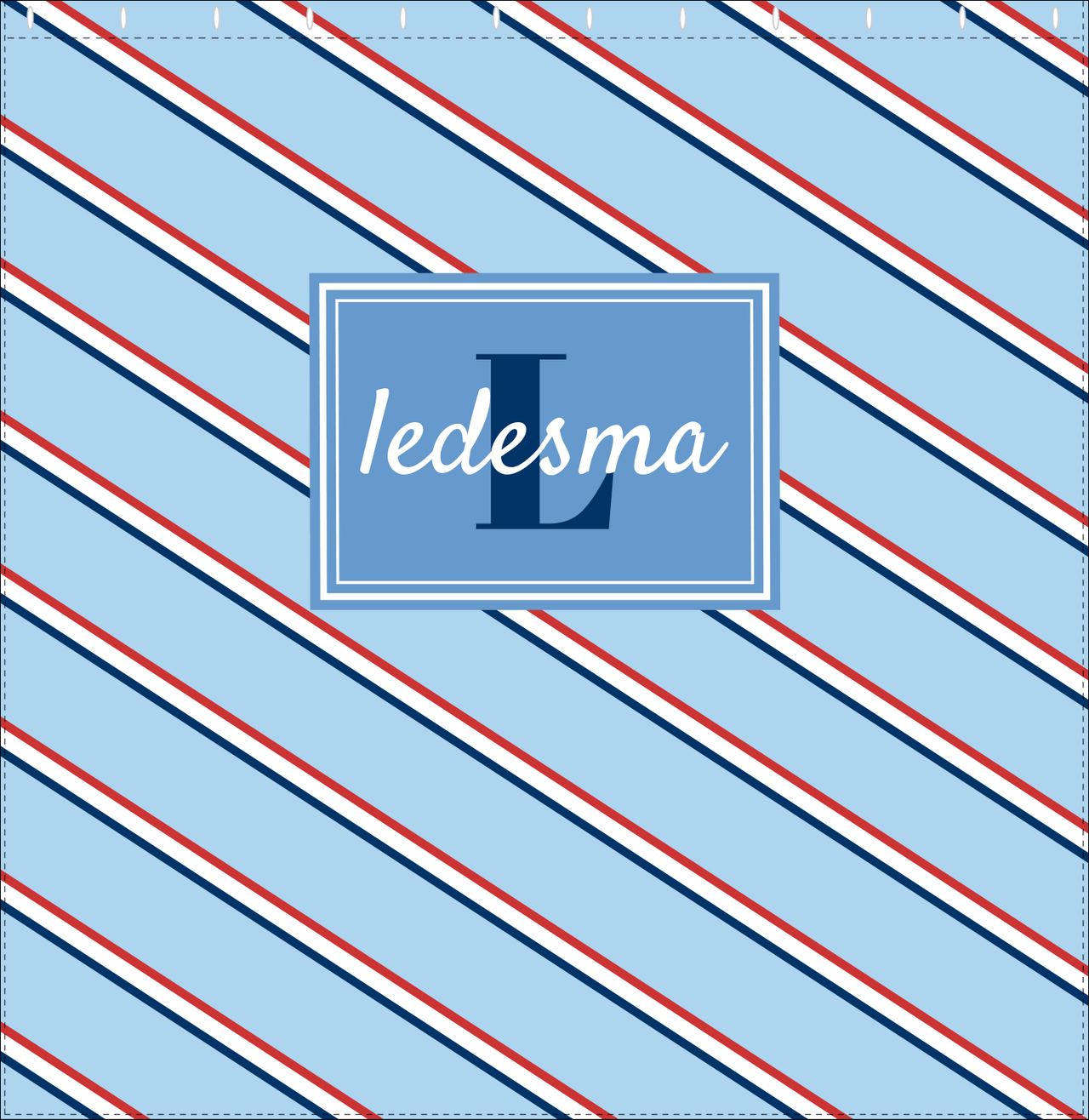 Personalized Angled Stripes Shower Curtain - Blue and Red - Rectangle Nameplate - Decorate View