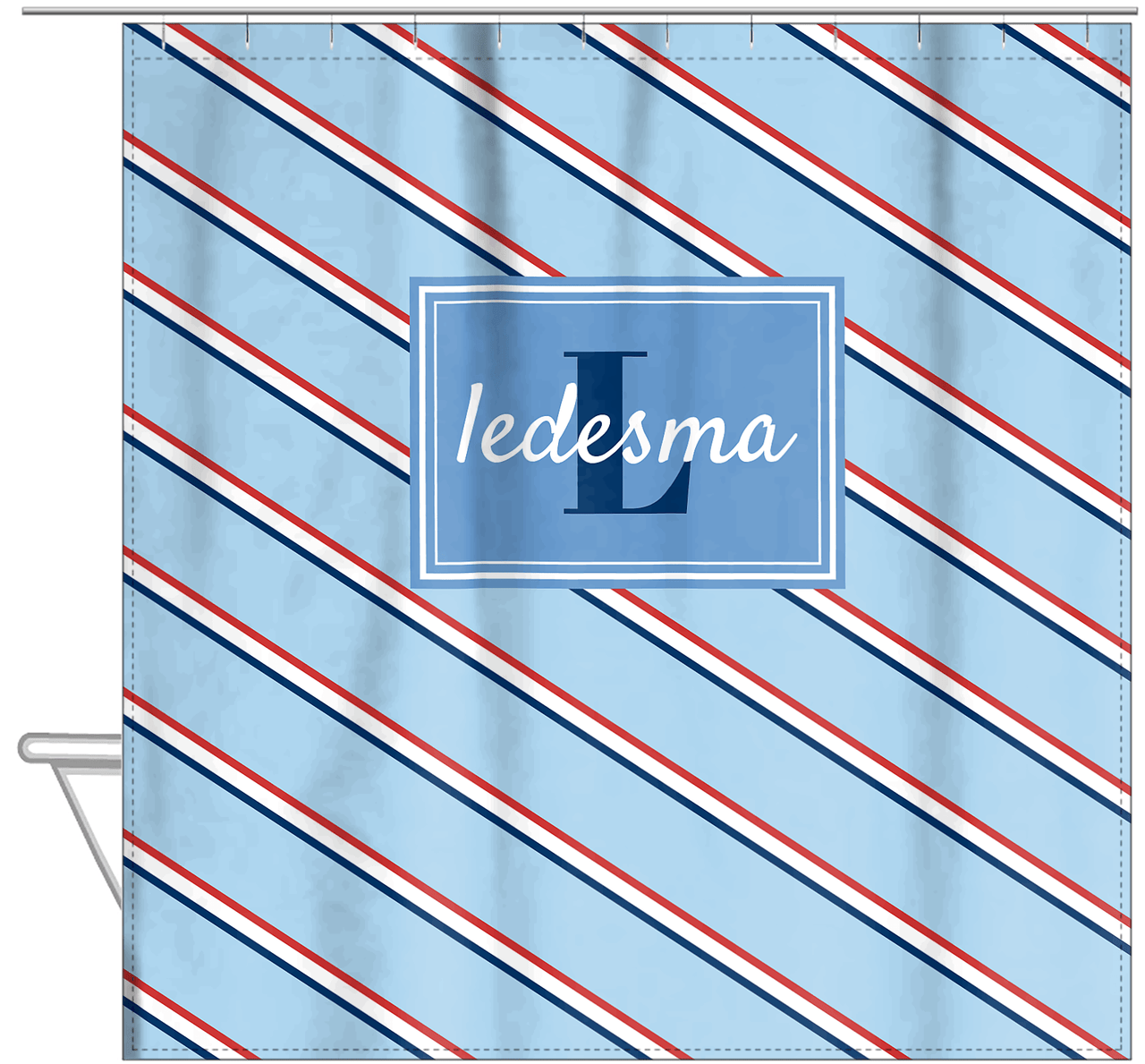 Personalized Angled Stripes Shower Curtain - Blue and Red - Rectangle Nameplate - Hanging View