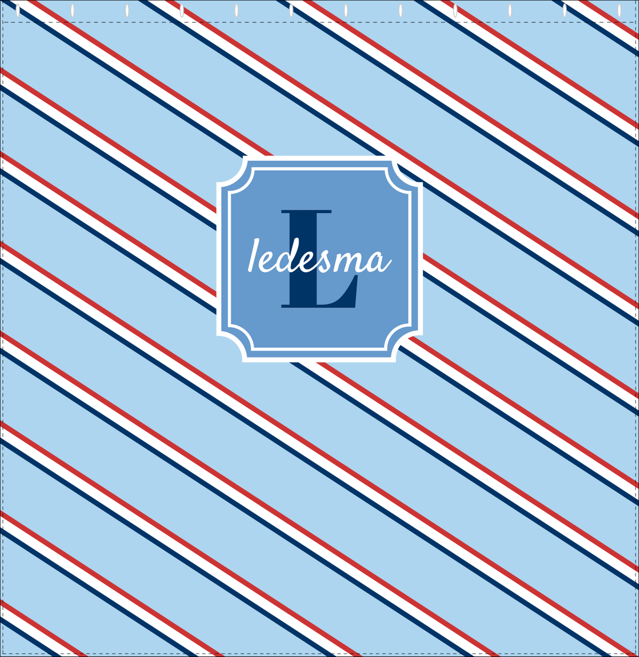 Personalized Angled Stripes Shower Curtain - Blue and Red - Stamp Nameplate - Decorate View