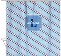 Thumbnail for Personalized Angled Stripes Shower Curtain - Blue and Red - Stamp Nameplate - Hanging View