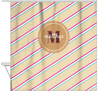 Thumbnail for Personalized Angled Stripes Shower Curtain II - Light Brown - Circle Nameplate - Hanging View