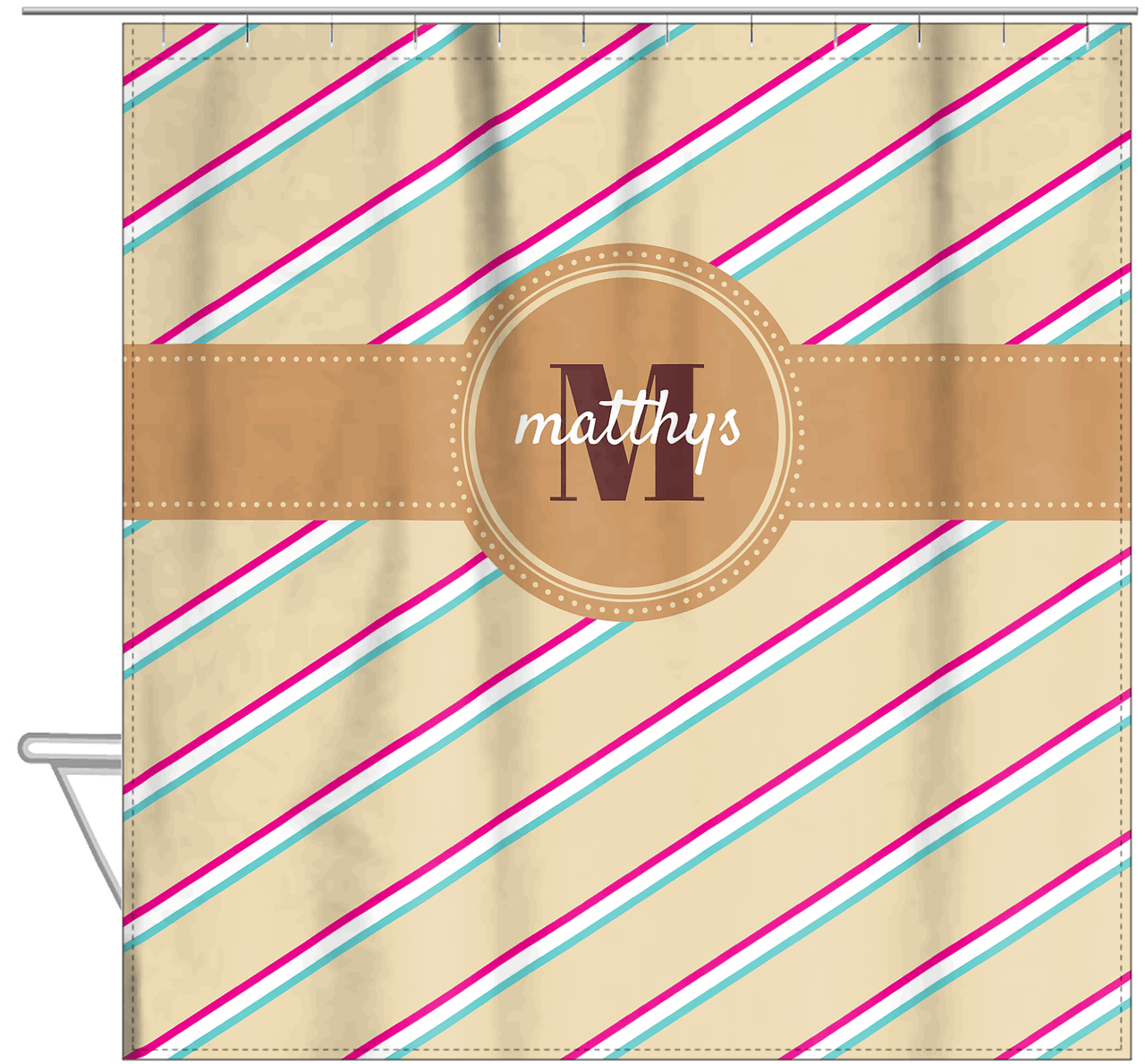 Personalized Angled Stripes Shower Curtain II - Light Brown - Circle Ribbon Nameplate - Hanging View