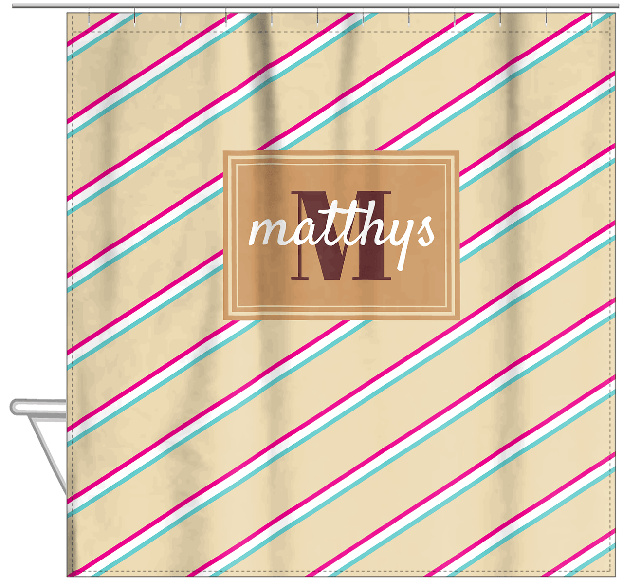 Personalized Angled Stripes Shower Curtain II - Light Brown - Rectangle Nameplate - Hanging View
