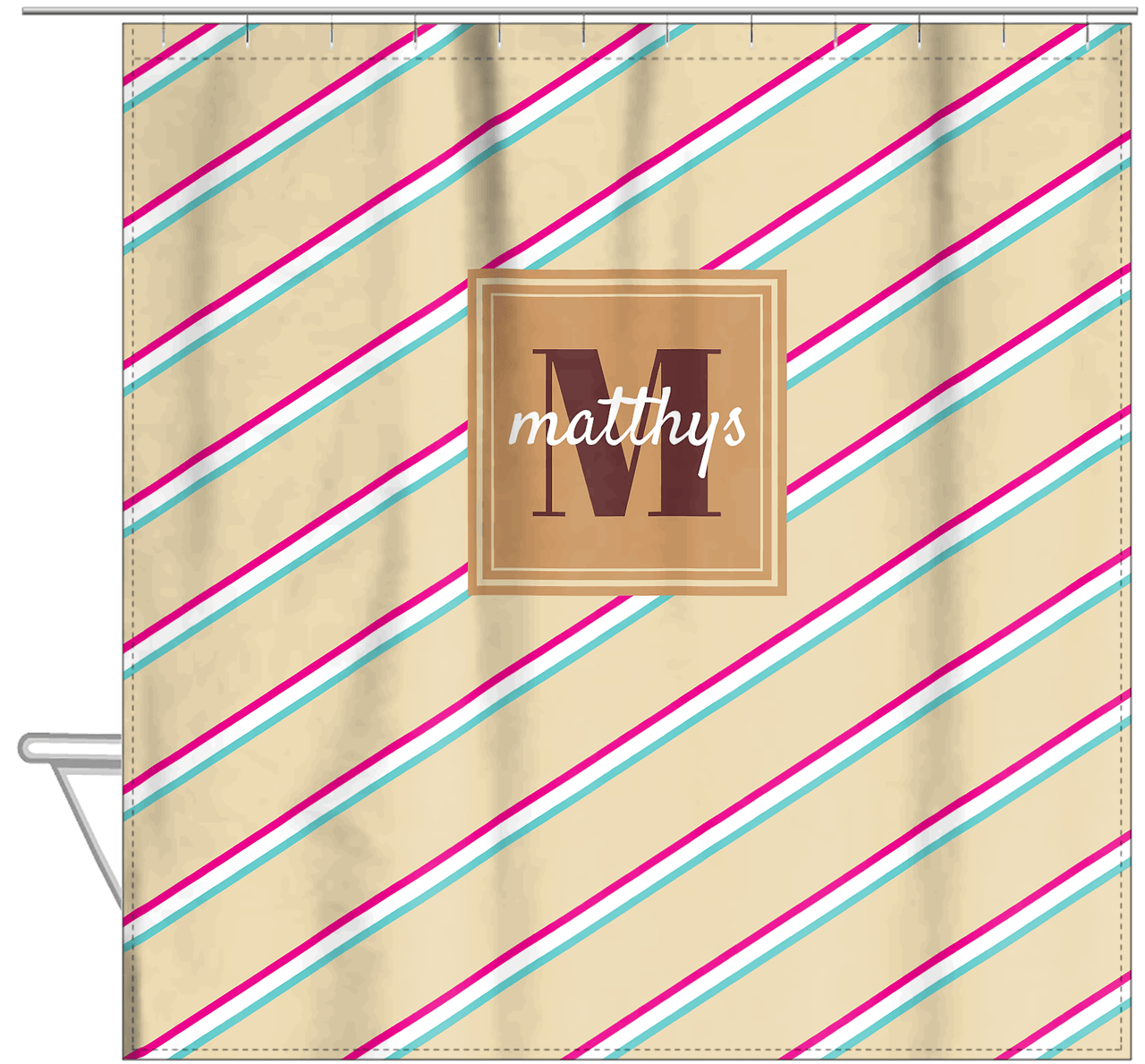 Personalized Angled Stripes Shower Curtain II - Light Brown - Square Nameplate - Hanging View