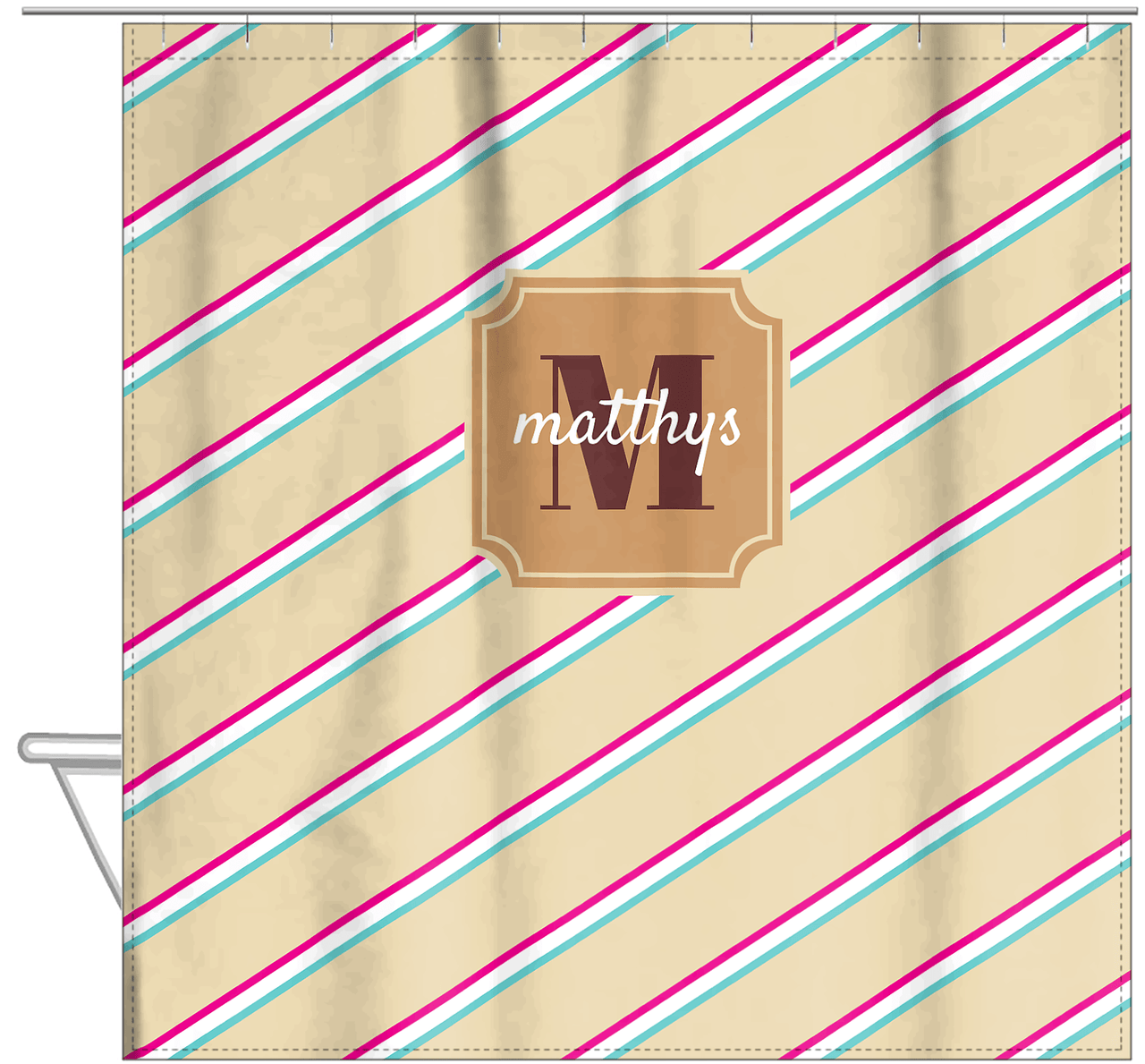 Personalized Angled Stripes Shower Curtain II - Light Brown - Stamp Nameplate - Hanging View
