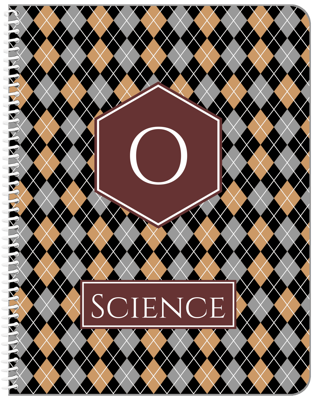 Personalized Argyle Notebook - Black and Brown - Hexagon Nameplate - Front View