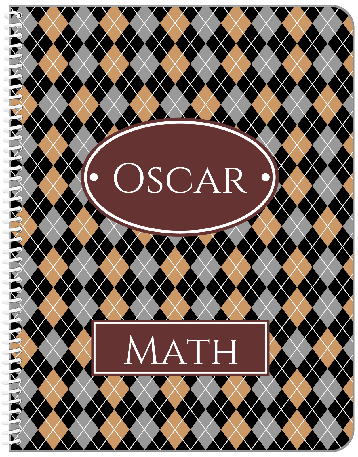 Personalized Argyle Notebook - Black and Brown - Oval Nameplate - Front View
