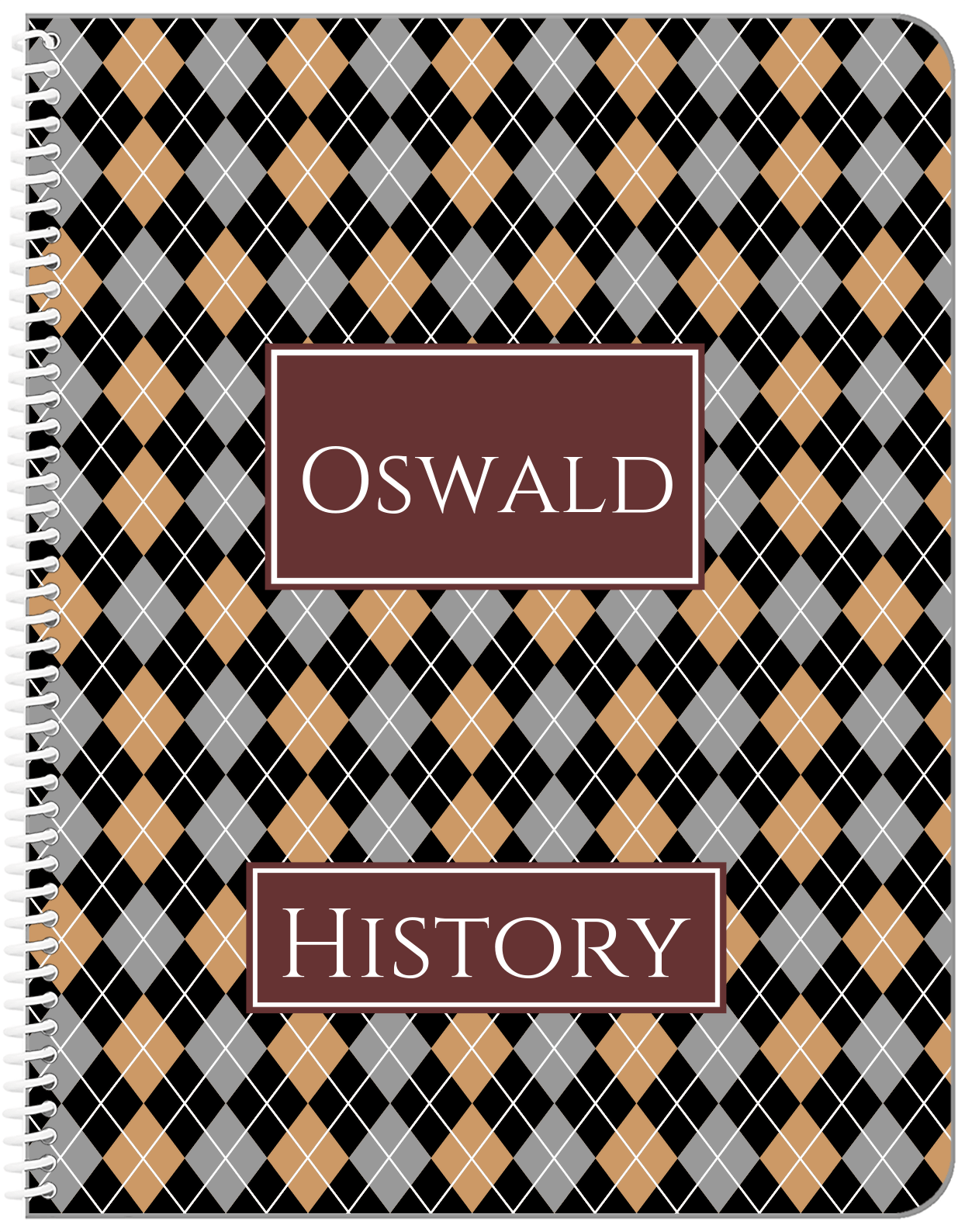 Personalized Argyle Notebook - Black and Brown - Rectangle Nameplate - Front View