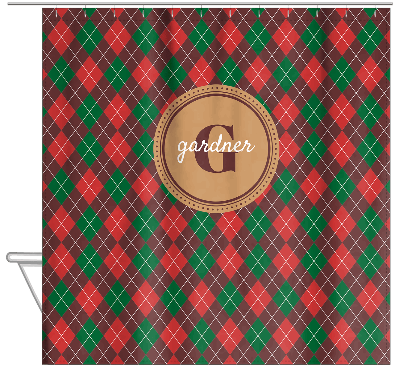 Personalized Argyle Shower Curtain - Red and Green - Circle Nameplate - Hanging View