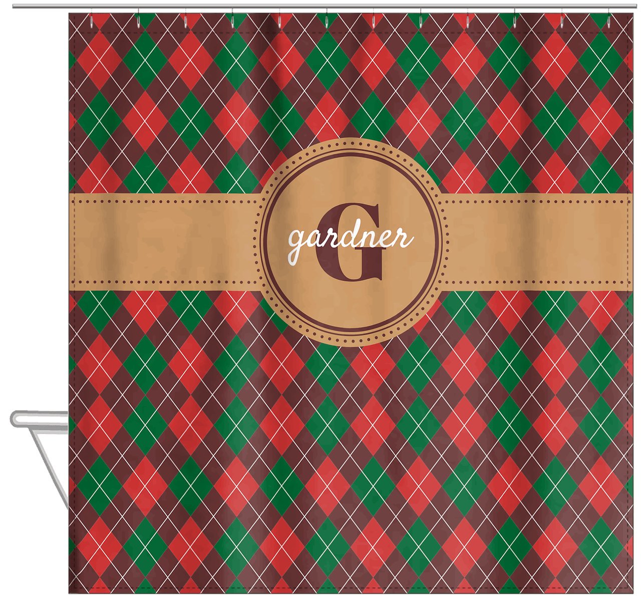Personalized Argyle Shower Curtain - Red and Green - Circle Ribbon Nameplate - Hanging View