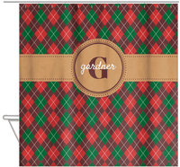 Thumbnail for Personalized Argyle Shower Curtain - Red and Green - Circle Ribbon Nameplate - Hanging View