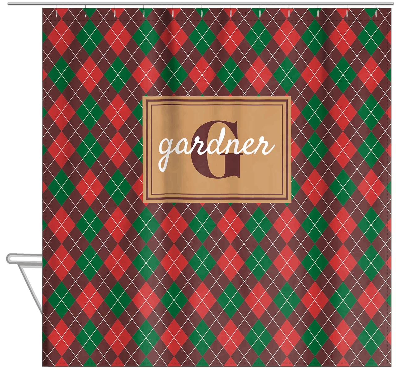 Personalized Argyle Shower Curtain - Red and Green - Rectangle Nameplate - Hanging View