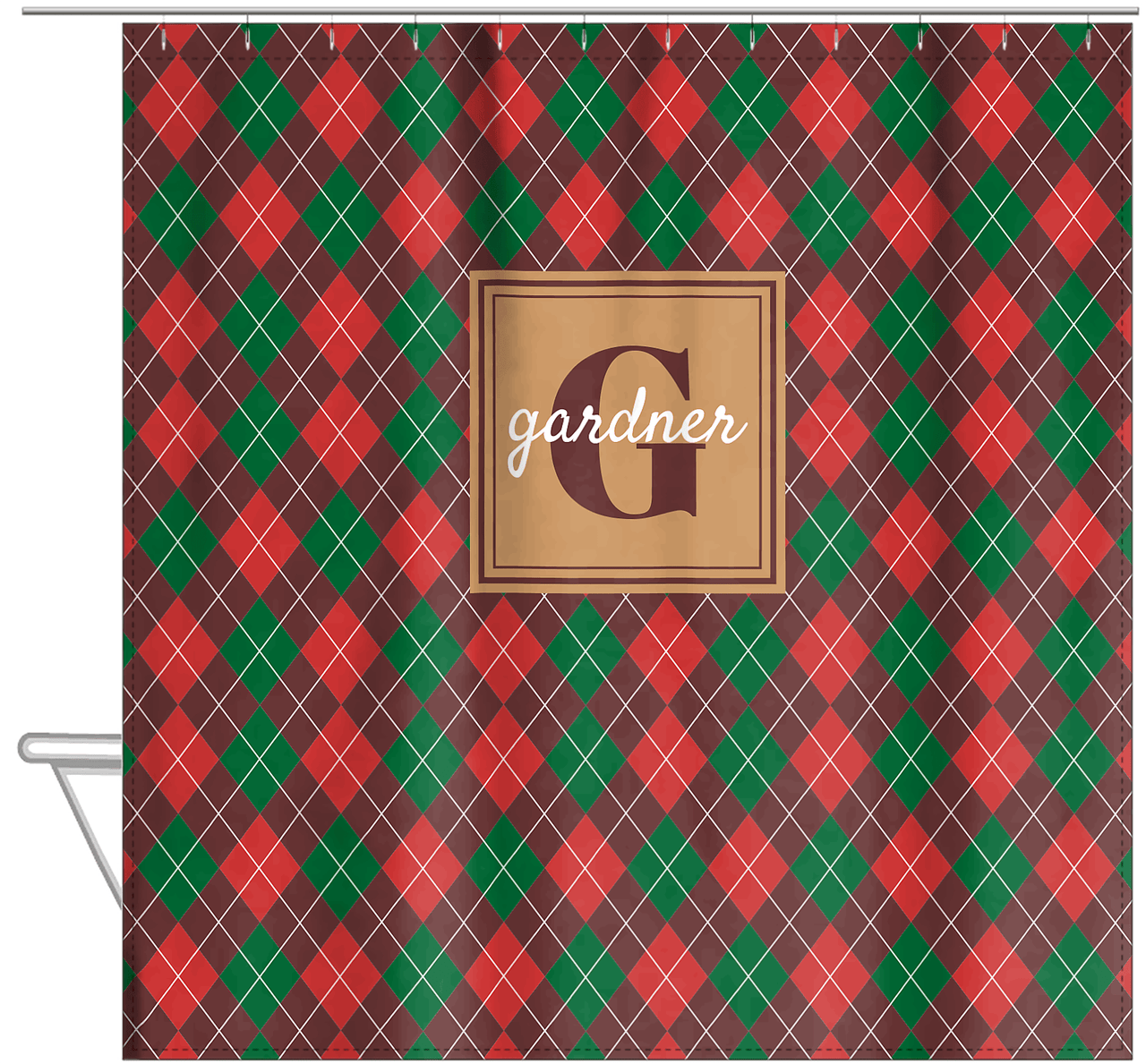 Personalized Argyle Shower Curtain - Red and Green - Square Nameplate - Hanging View