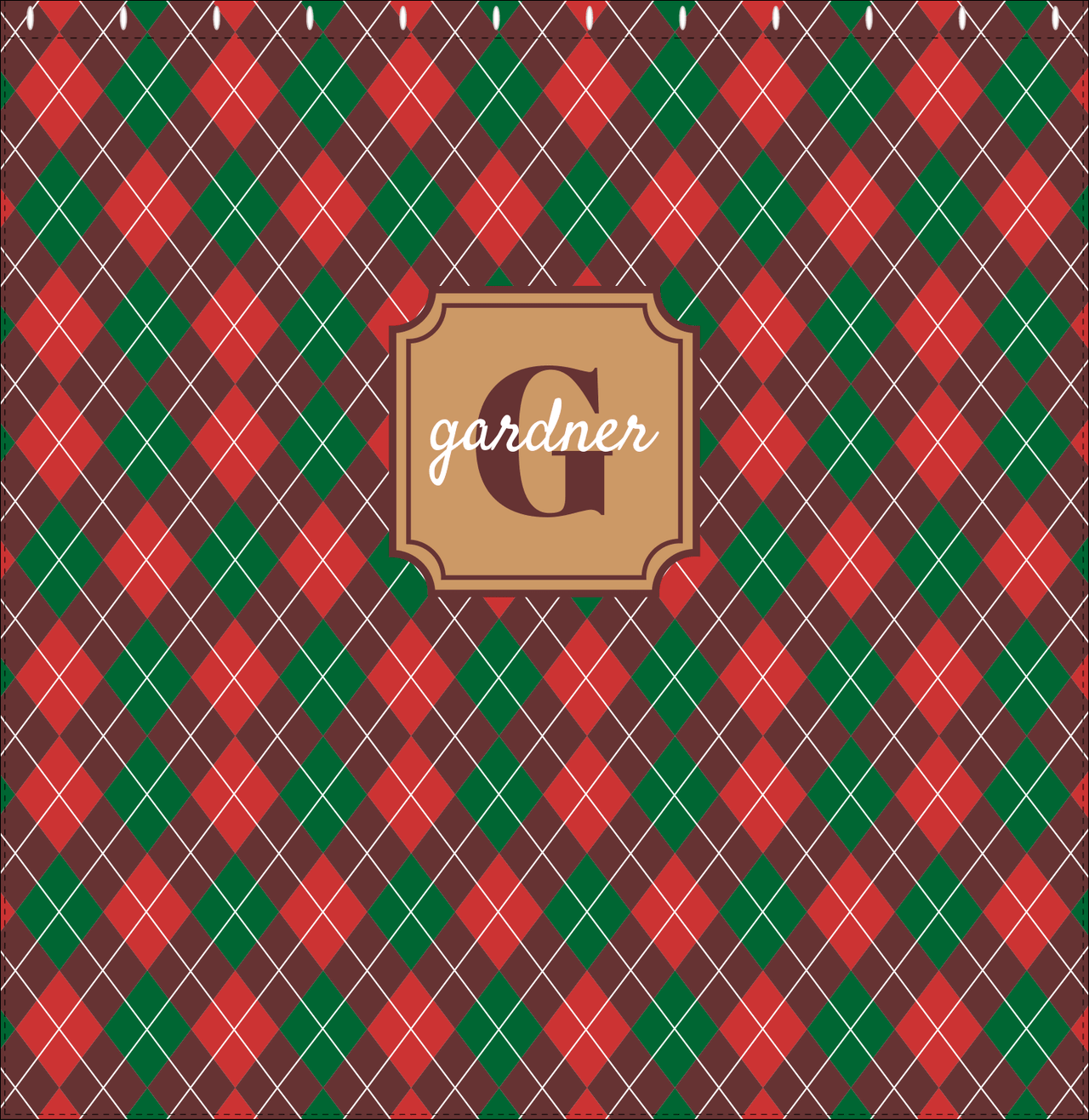 Personalized Argyle Shower Curtain - Red and Green - Stamp Nameplate - Decorate View