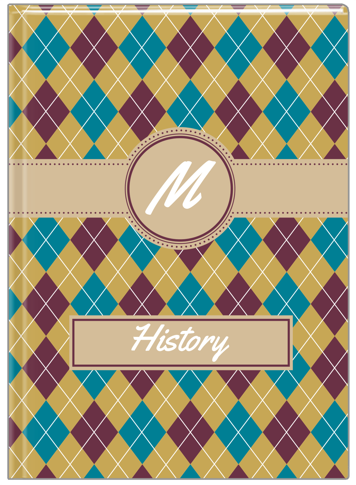 Personalized Argyle Journal - Teal and Purple - Circle Ribbon Nameplate - Front View