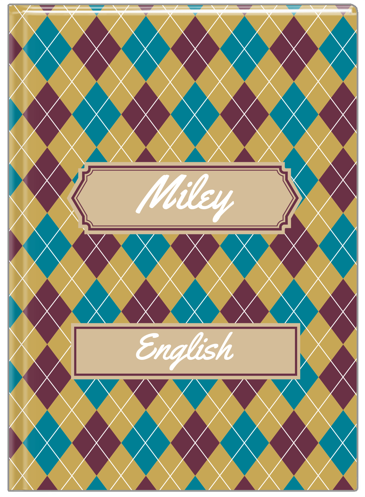 Personalized Argyle Journal - Teal and Purple - Decorative Rectangle Nameplate - Front View