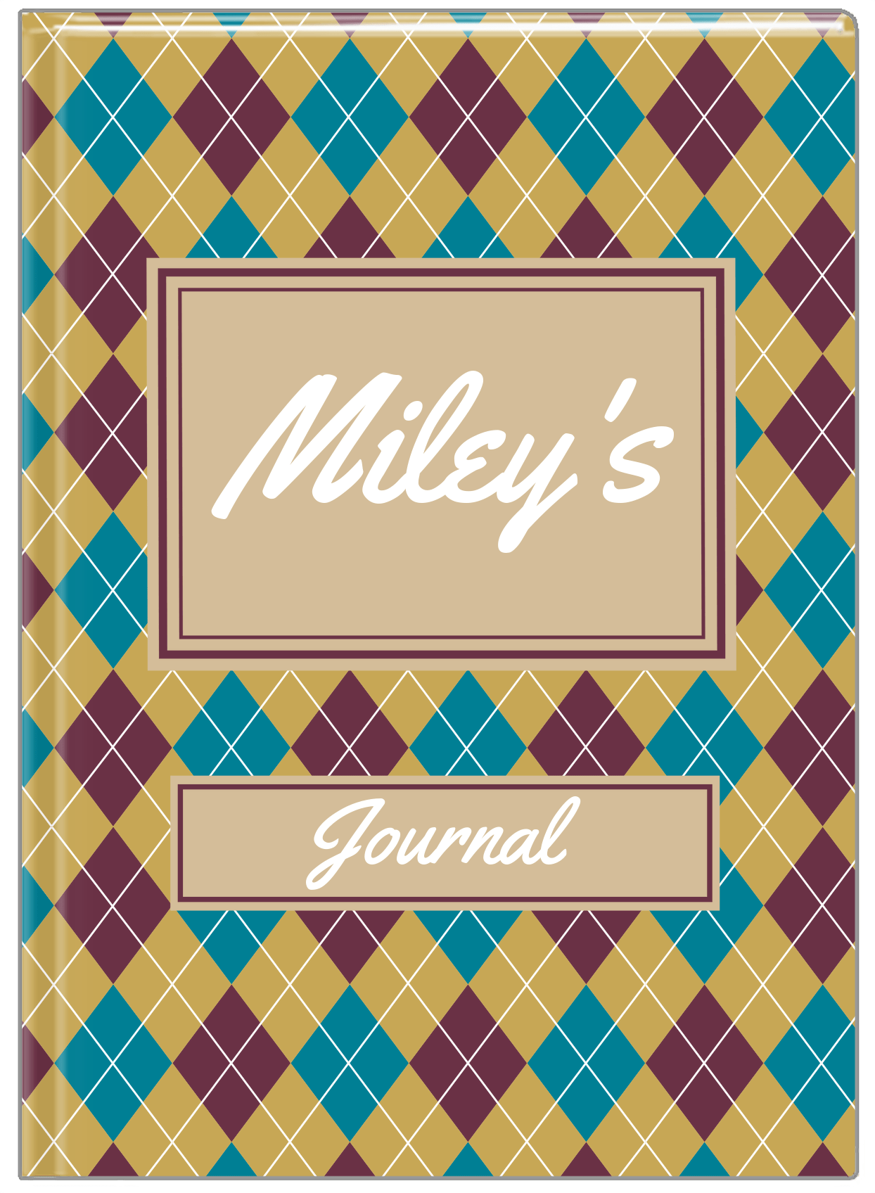 Personalized Argyle Journal - Teal and Purple - Rectangle Nameplate - Front View