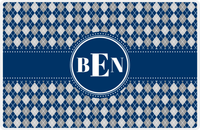 Thumbnail for Personalized Argyle Placemat - Light Grey and White - Navy Circle Frame With Ribbon -  View