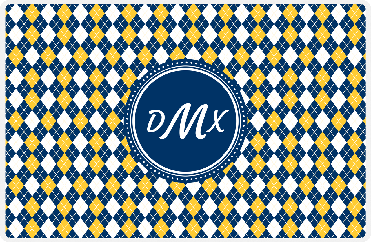 Personalized Argyle Placemat - Navy and Mustard - Navy Circle Frame -  View