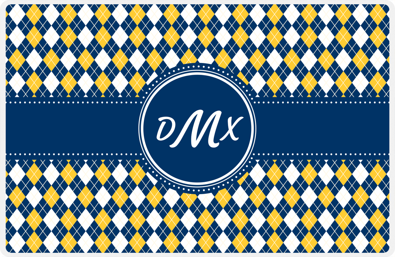 Personalized Argyle Placemat - Navy and Mustard - Navy Circle Frame With Ribbon -  View