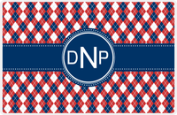 Thumbnail for Personalized Argyle Placemat - Cherry Red and White - Navy Circle Frame With Ribbon -  View