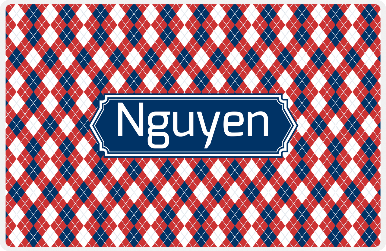 Personalized Argyle Placemat - Cherry Red and White - Navy Decorative Rectangle Frame -  View