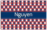 Thumbnail for Personalized Argyle Placemat - Cherry Red and White - Navy Ribbon Frame -  View