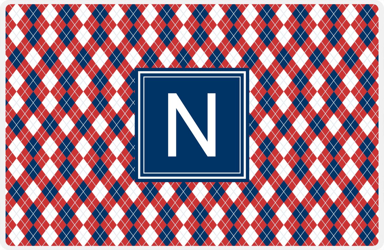 Personalized Argyle Placemat - Cherry Red and White - Navy Square Frame -  View