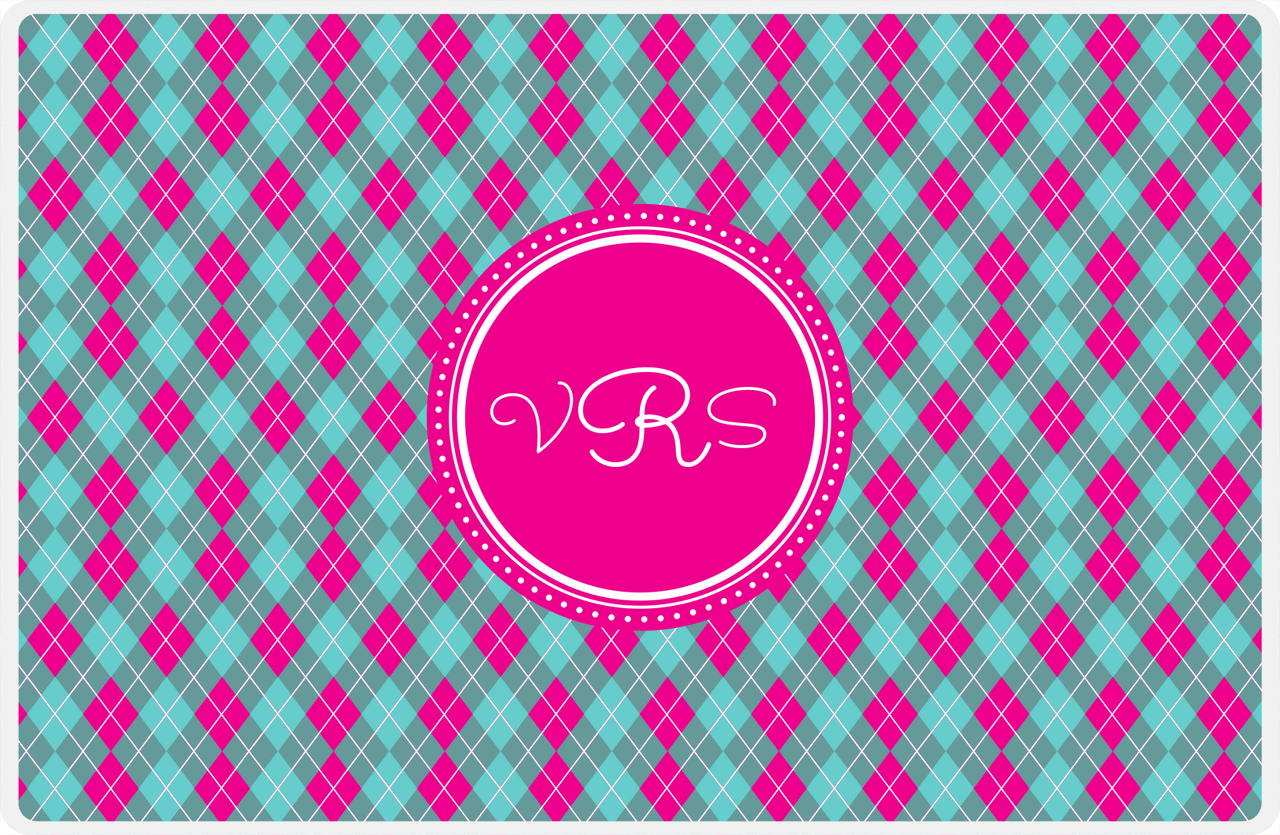 Personalized Argyle Placemat - Viking Blue and White - Hot Pink Circle Frame -  View