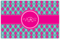 Thumbnail for Personalized Argyle Placemat - Viking Blue and White - Hot Pink Circle Frame with Ribbon -  View