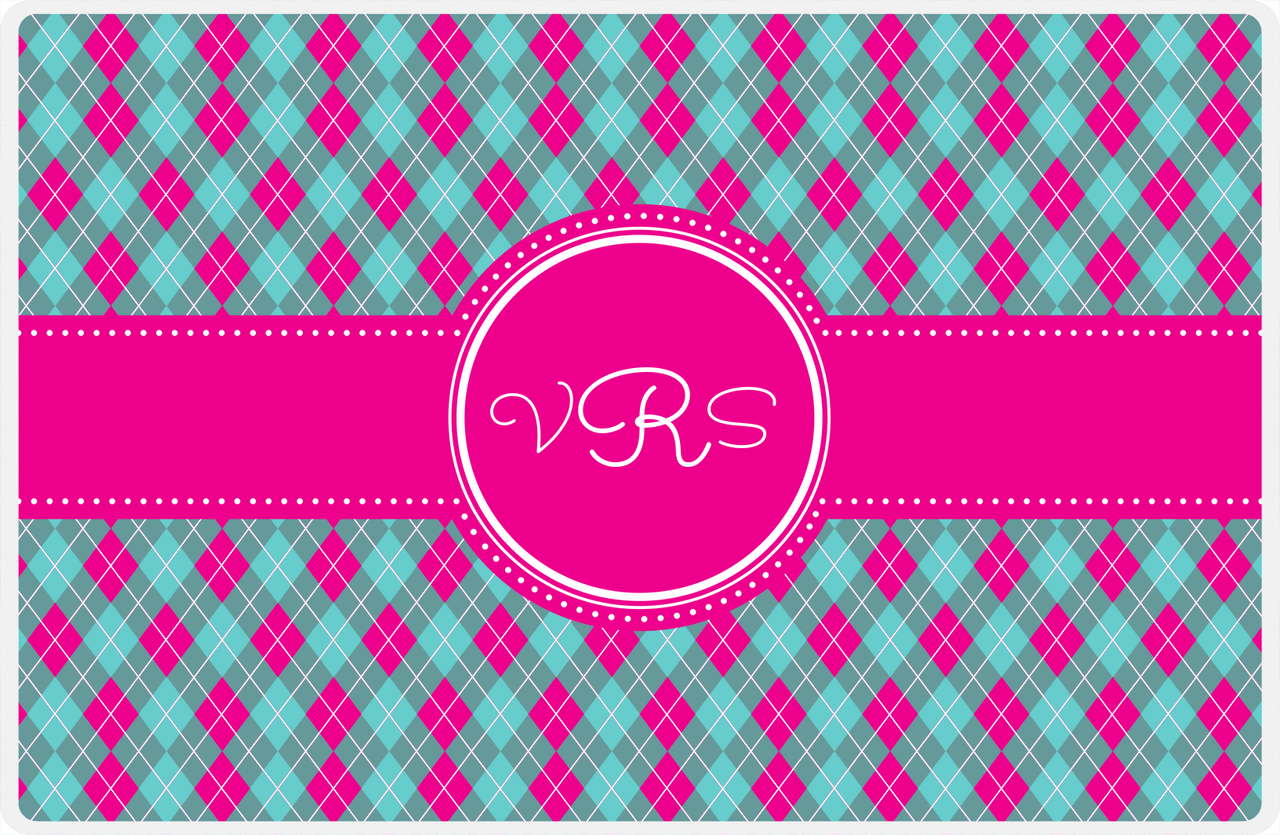 Personalized Argyle Placemat - Viking Blue and White - Hot Pink Circle Frame with Ribbon -  View