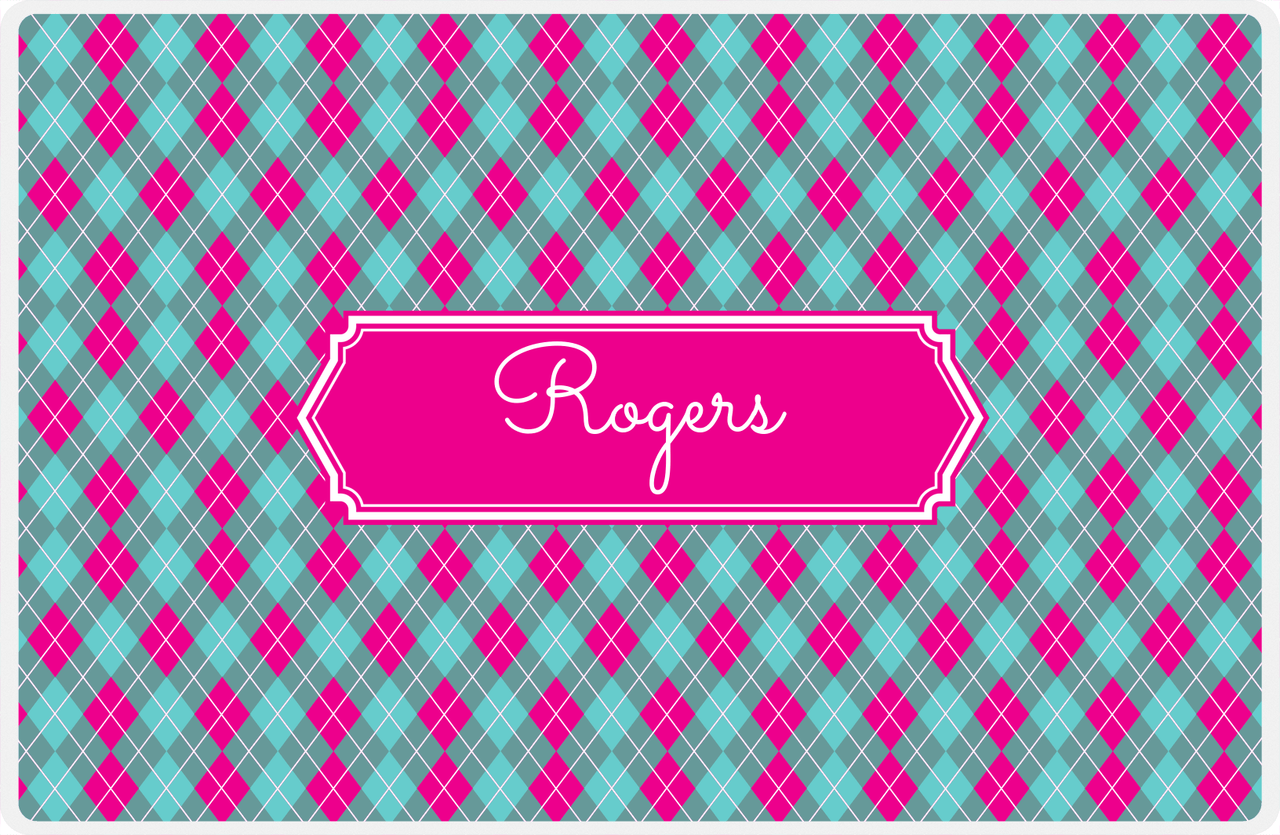 Personalized Argyle Placemat - Viking Blue and White - Hot Pink Decorative Rectangle Frame -  View