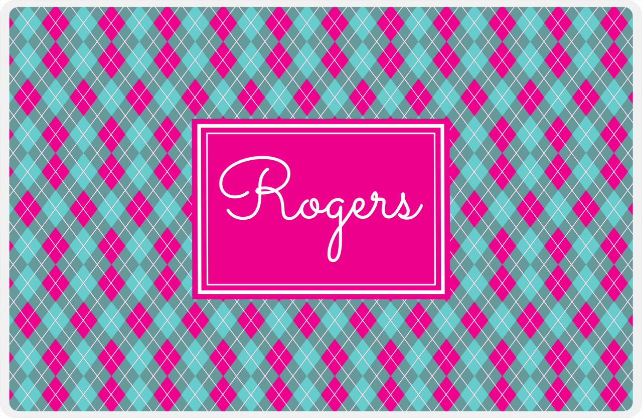 Personalized Argyle Placemat - Viking Blue and White - Hot Pink Rectangle Frame -  View