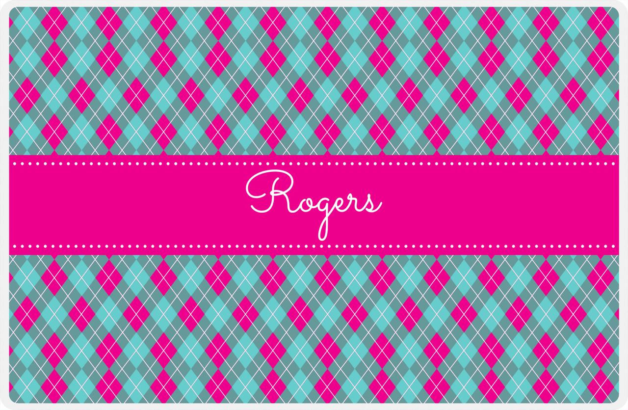 Personalized Argyle Placemat - Viking Blue and White - Hot Pink Ribbon Frame -  View