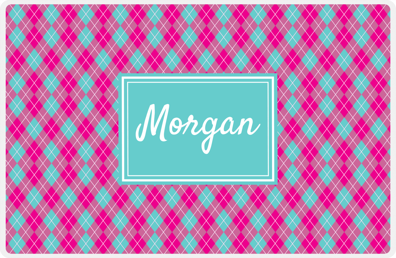 Personalized Argyle Placemat - Hot Pink and White - Viking Blue Rectangle Frame -  View