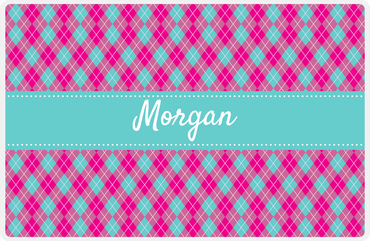 Personalized Argyle Placemat - Hot Pink and White - Viking Blue Ribbon Frame -  View