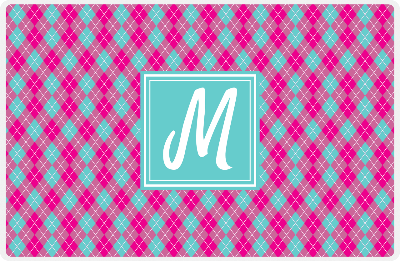 Personalized Argyle Placemat - Hot Pink and White - Viking Blue Square Frame -  View