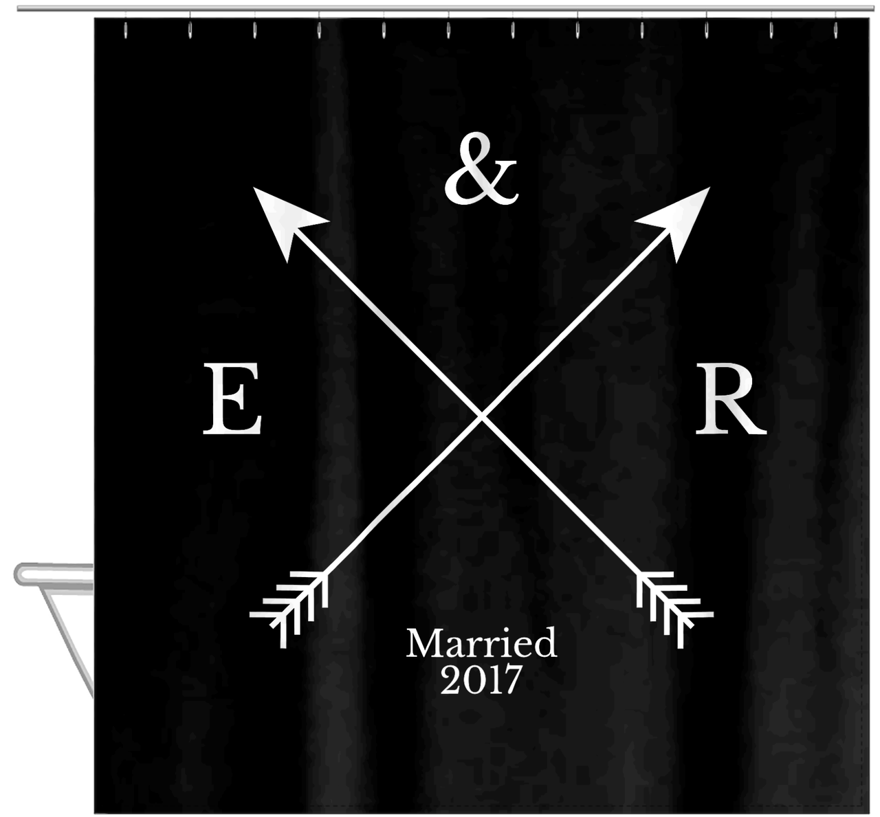 Personalized Arrows Shower Curtain - Black and White - Couple Initials with Wedding Year - Hanging View