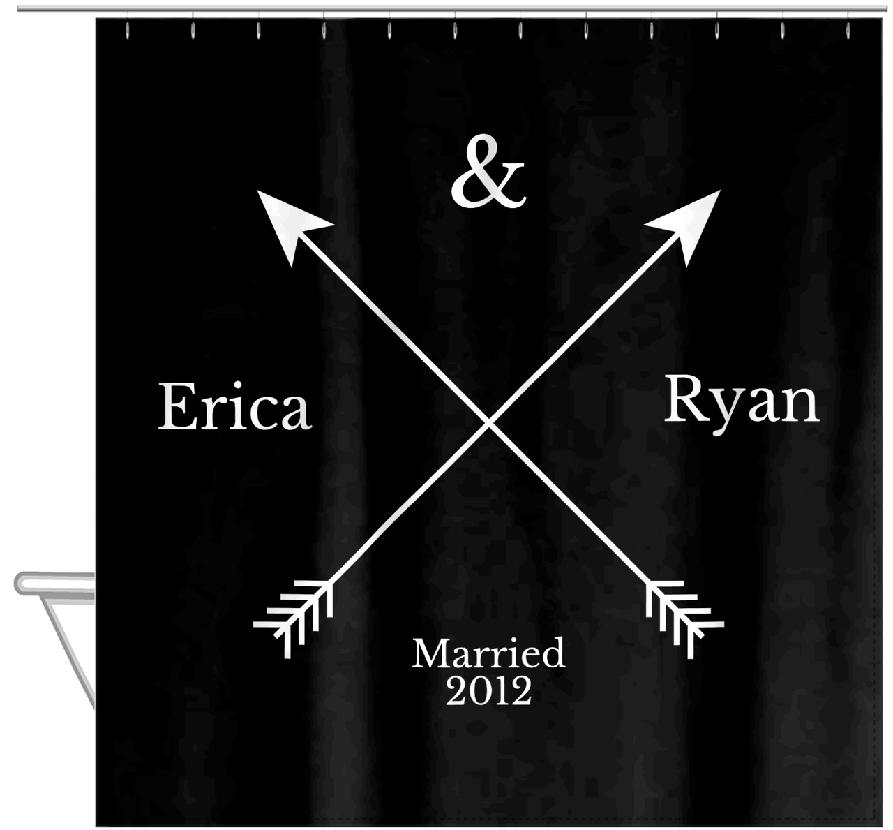 Personalized Arrows Shower Curtain - Black and White - Couple Names with Wedding Year - Hanging View