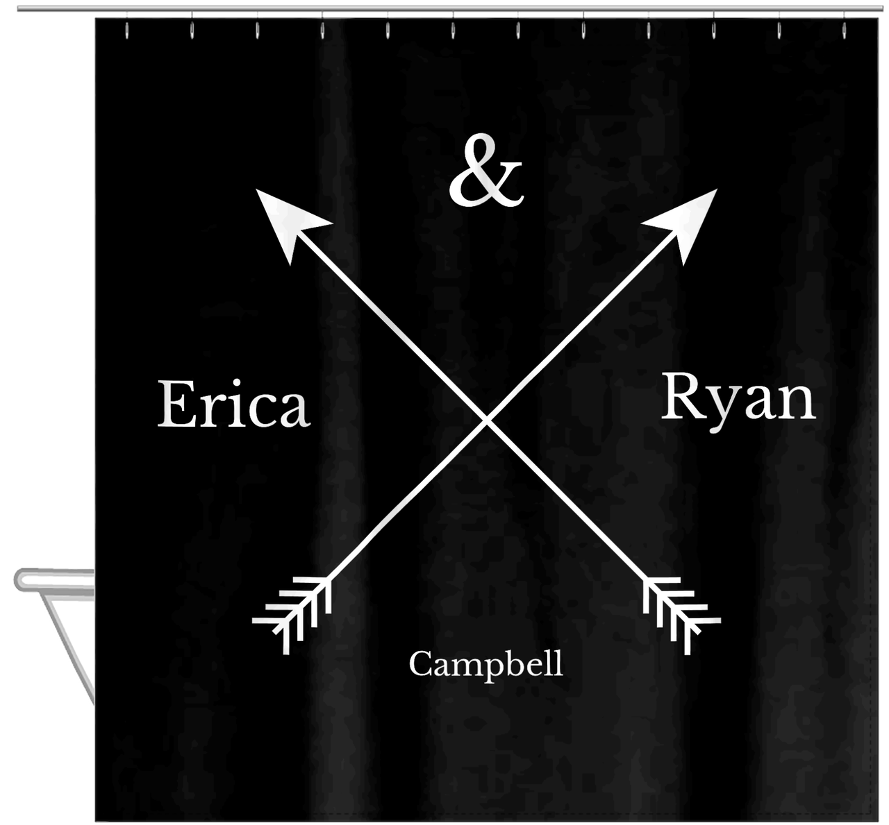 Personalized Arrows Shower Curtain - Black and White - Couple Names with Last Name - Hanging View