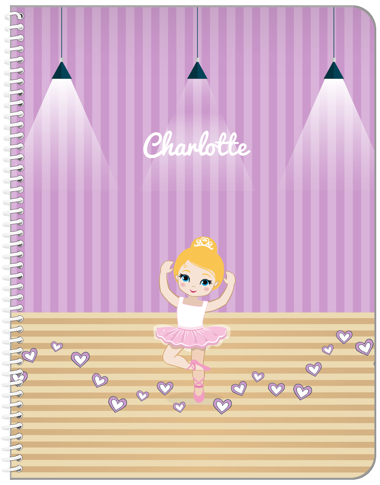 Personalized Ballerina Notebook I - Studio Hearts - Blonde Ballerina - Front View