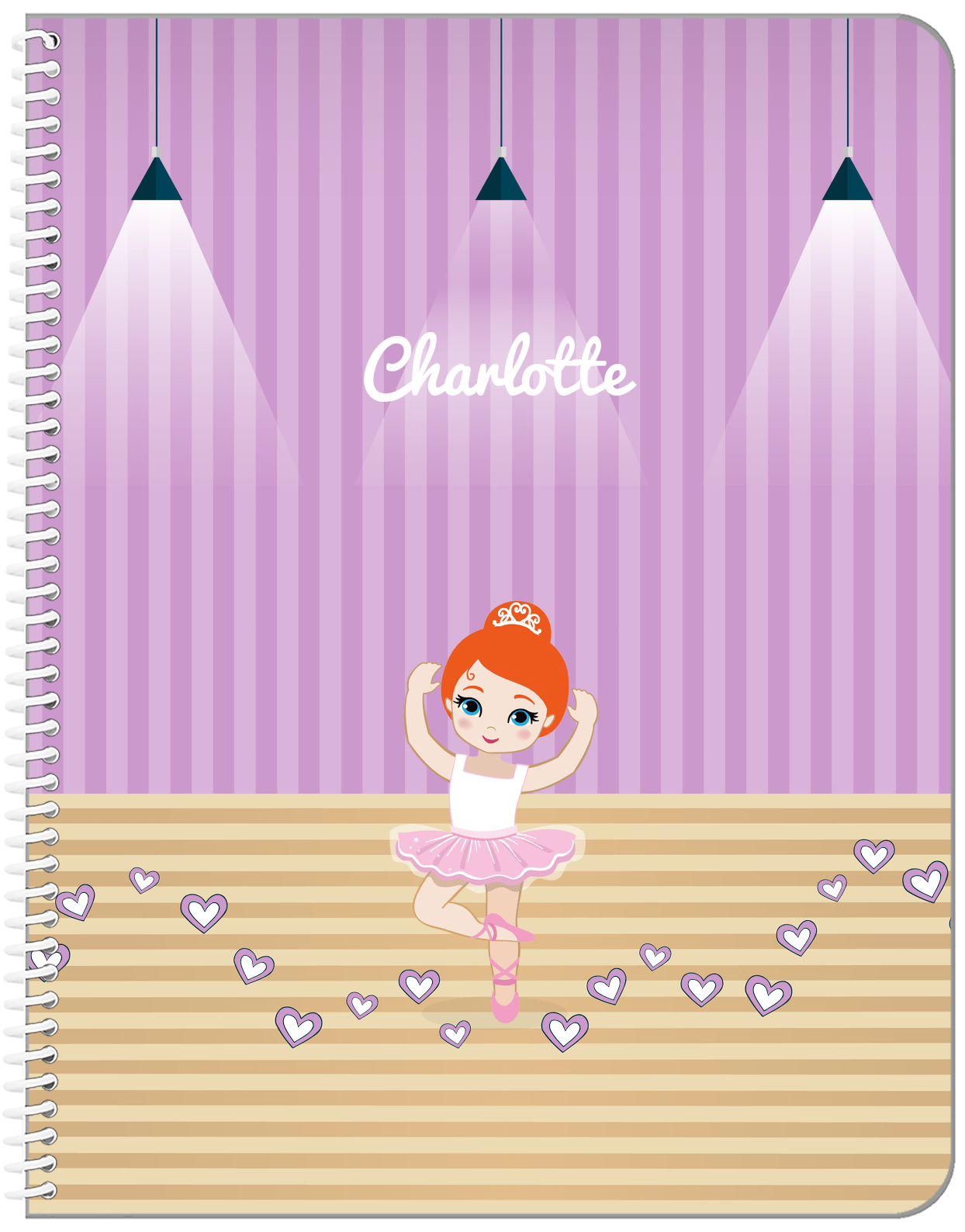 Personalized Ballerina Notebook I - Studio Hearts - Redhead Ballerina - Front View